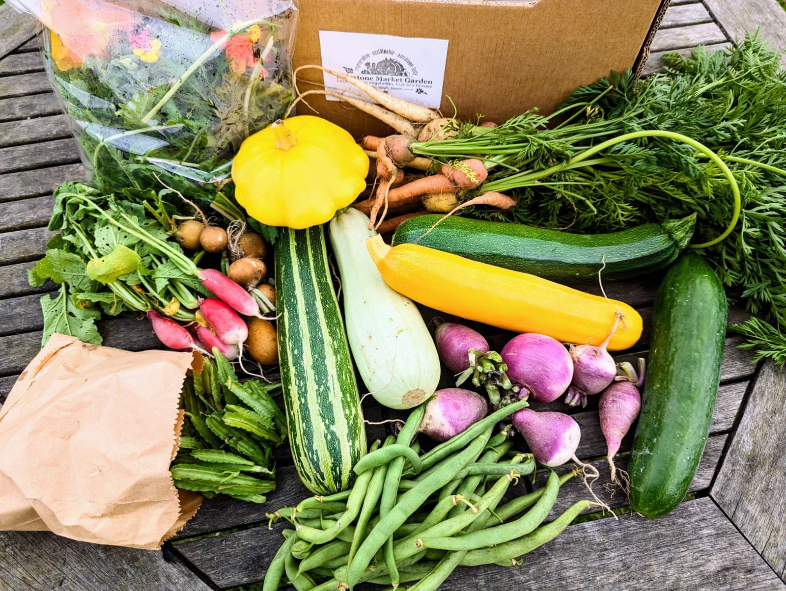 Summer vegetable harvest spread on a table